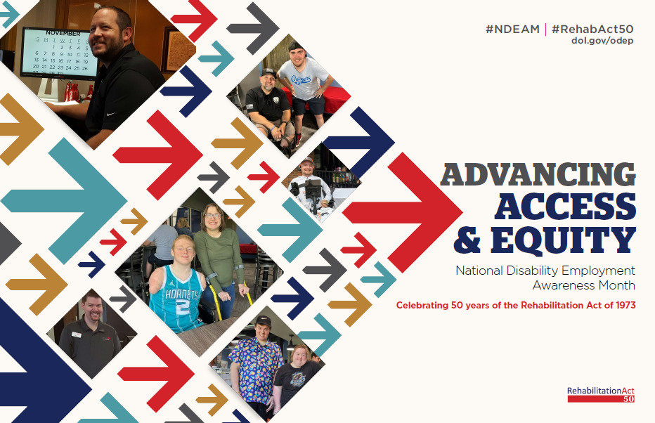 A flyer for National Disability Employment Awareness Month featuring employees with different types of disabilities at the their workplaces.