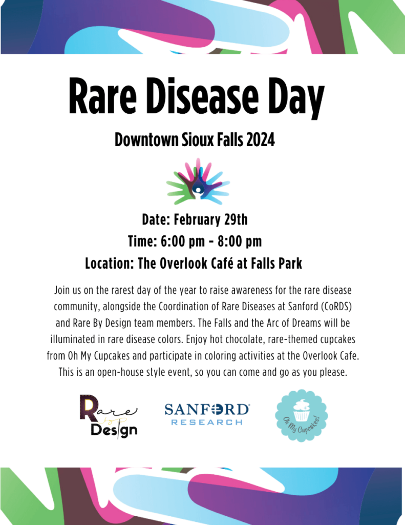 A graphic for February 29, 2024 Rare Disease Day event from 6 to 9 pm at the Falls Overlook Cafe.