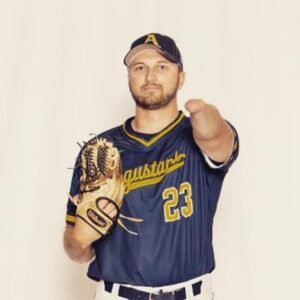 Portrait photo of Parker Hanson with baseball uniform and glove.